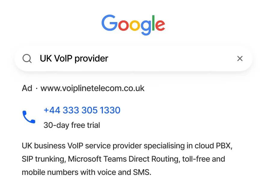 Example Google search ad for VoIPline with a click-to-call phone number
