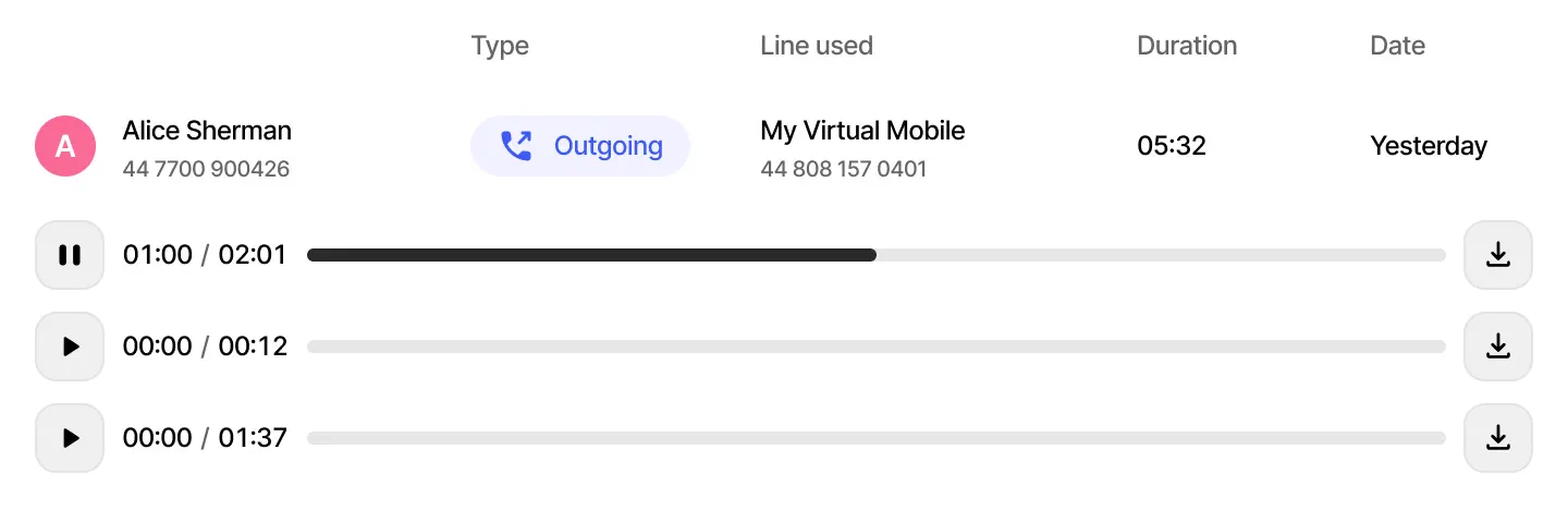 Webphone call history with multiple recordings and playback and download controls