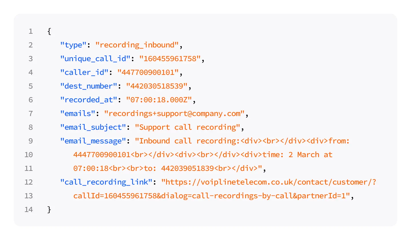 Call recording webhook payload with call details and a link to the recording