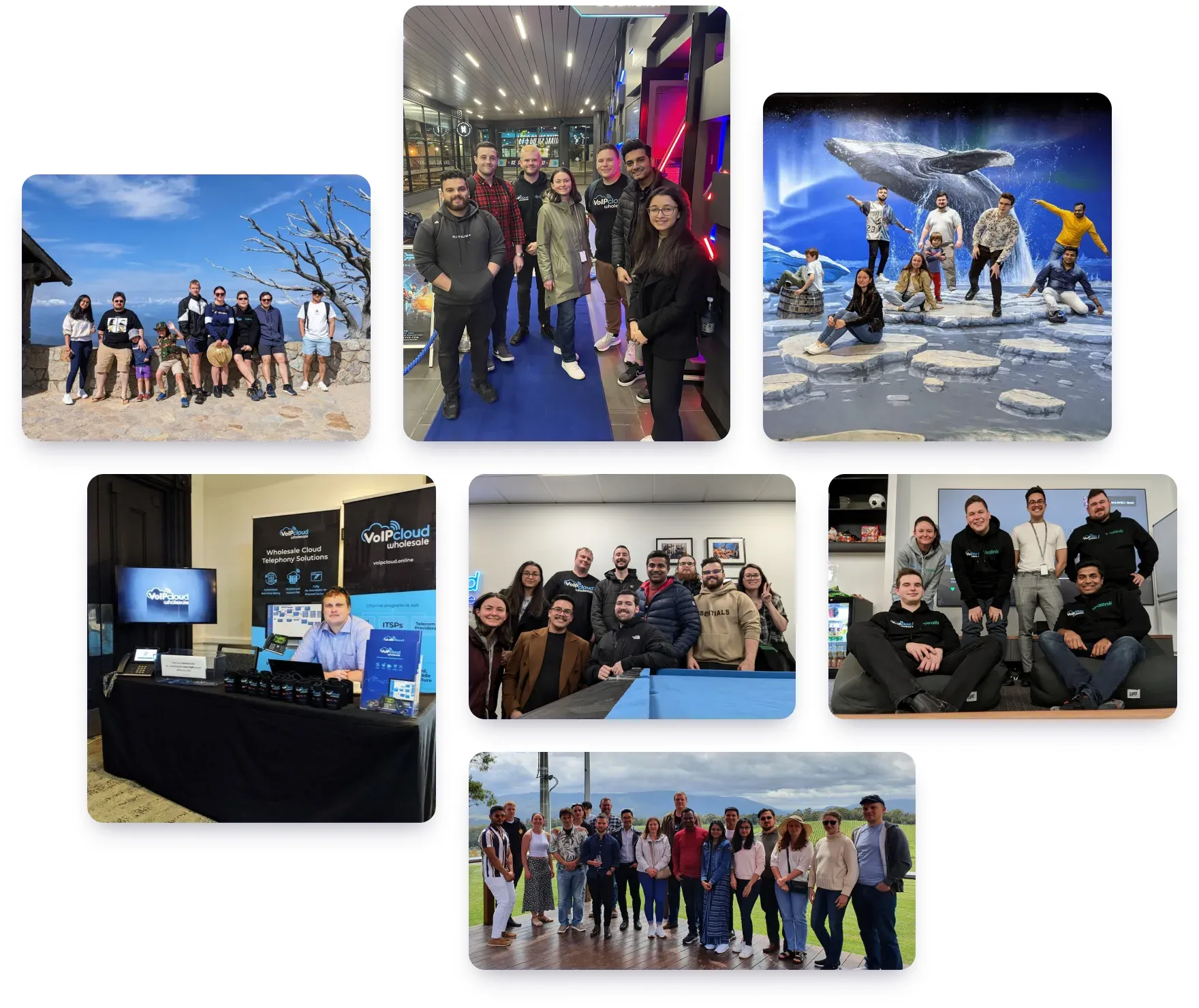 VoIPline team photo collage showing colleagues at work and during group activities