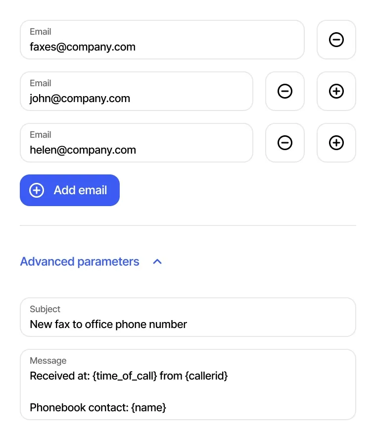 Fax-to-email settings with multiple recipients and custom email subject and message fields
