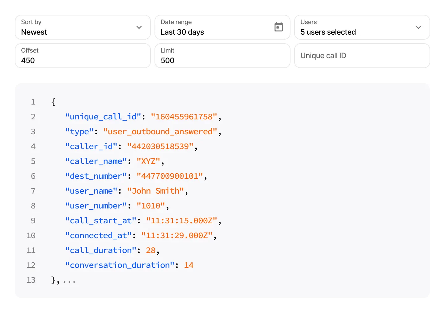 VoIPline API call report with date and user filters and a sample JSON response