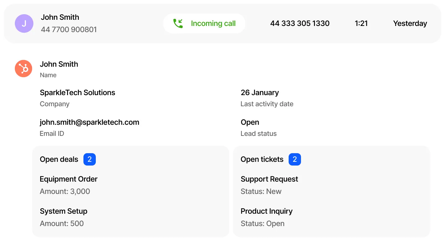CRM contact details, open deals and support tickets linked to a Webphone call