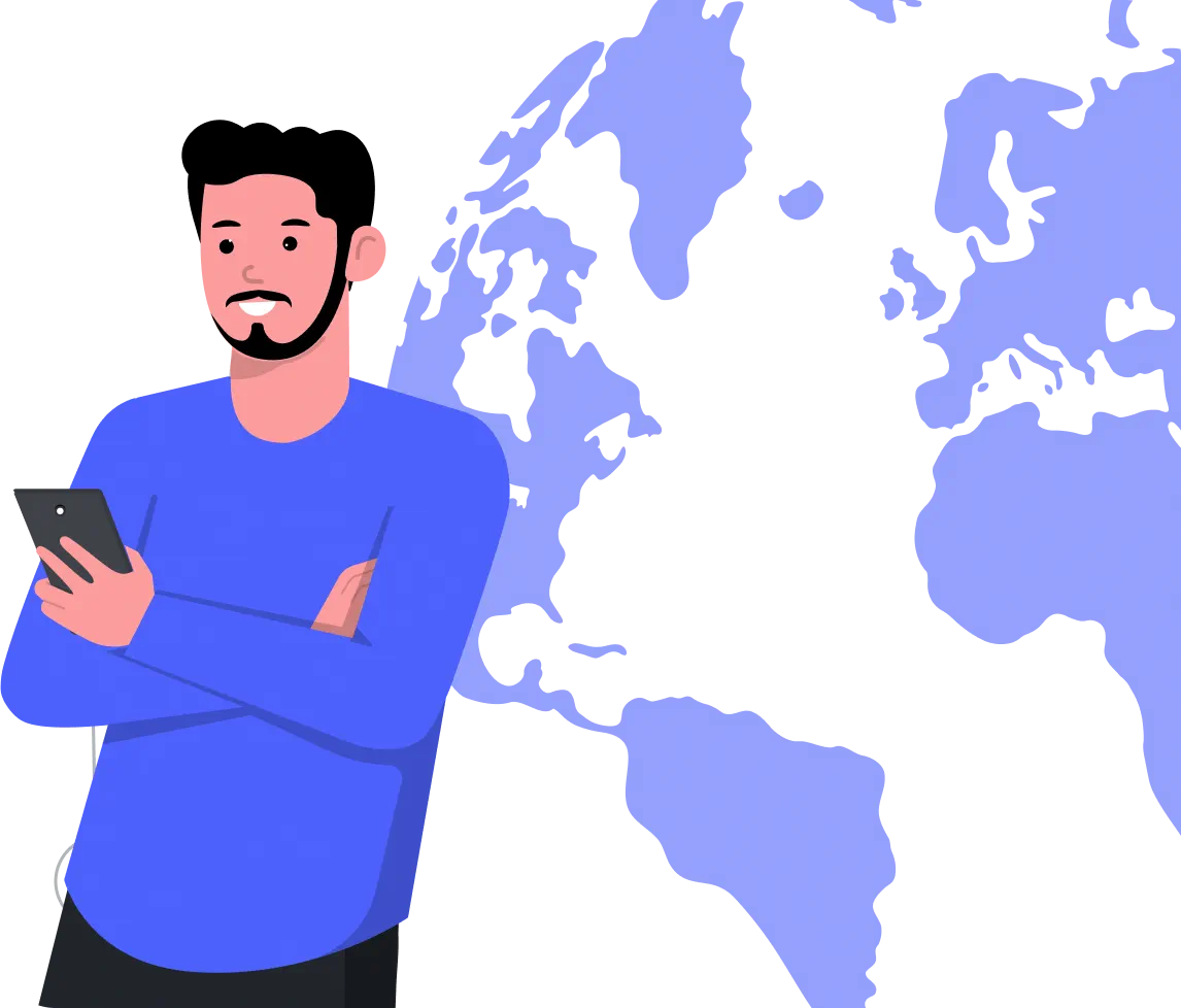 Person holding a smartphone in front of a world map, illustrating completed phone number porting