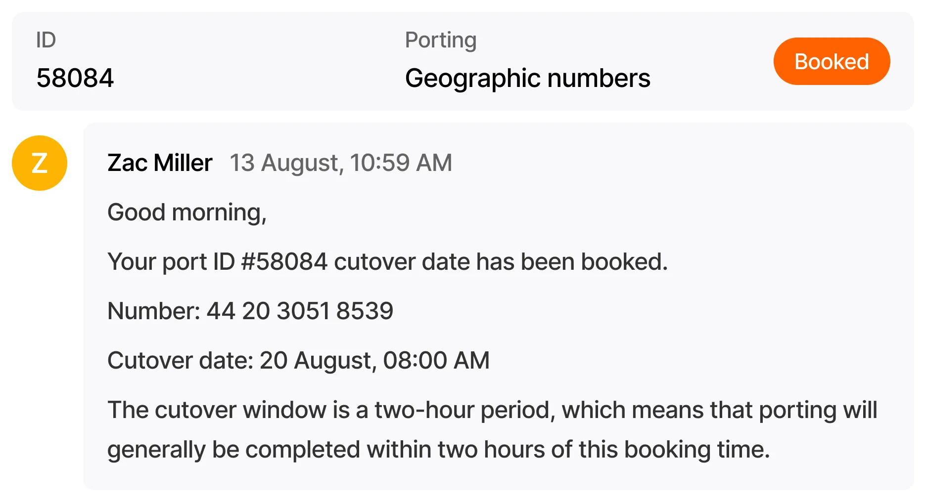 Number porting request in the customer portal with booked status and a message confirming the scheduled transfer