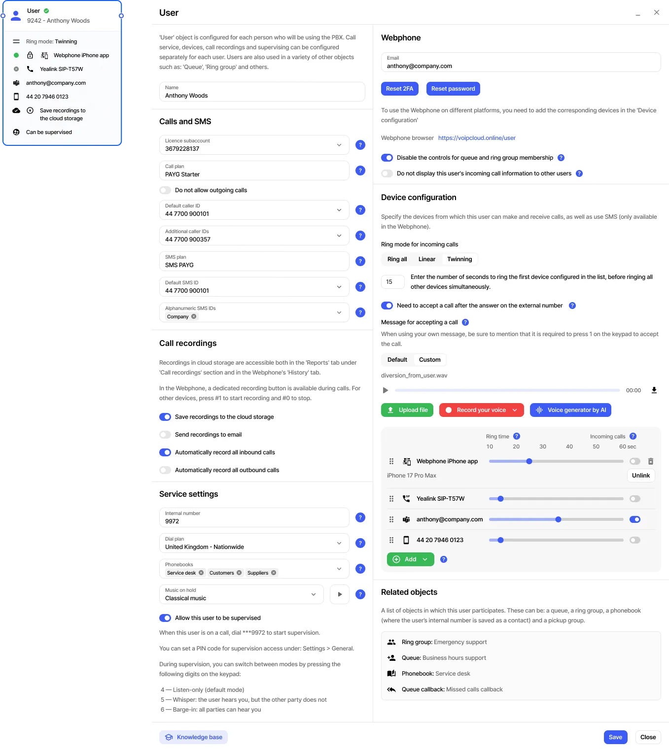 Hosted PBX user settings for calls, SMS, recording, Webphone access and connected devices