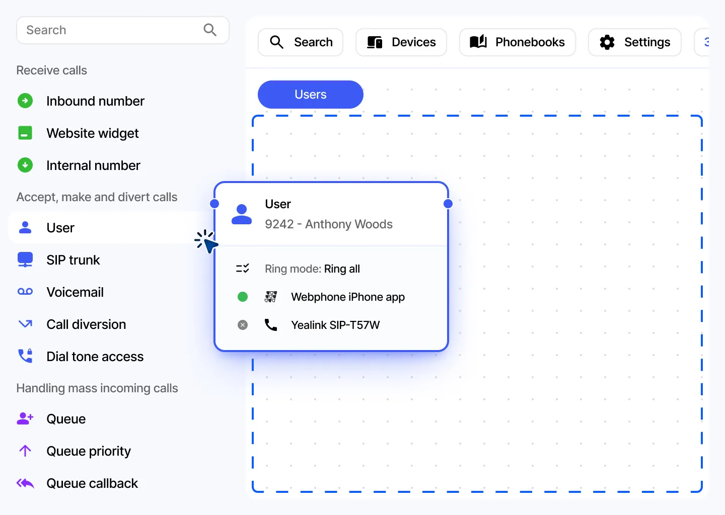 Adding a user object to the VoIPline hosted PBX editor by drag and drop