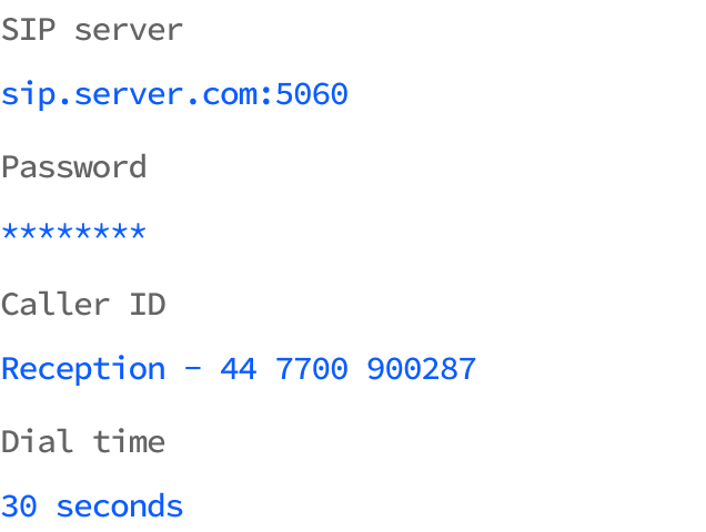 SIP registration settings for the server, masked password, caller ID and dial time