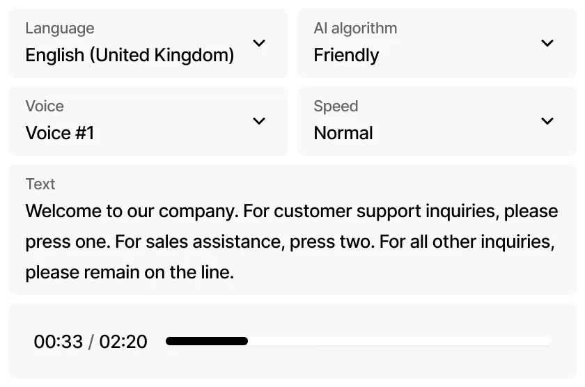 AI voice greeting generator with language, voice and speed settings and an audio preview