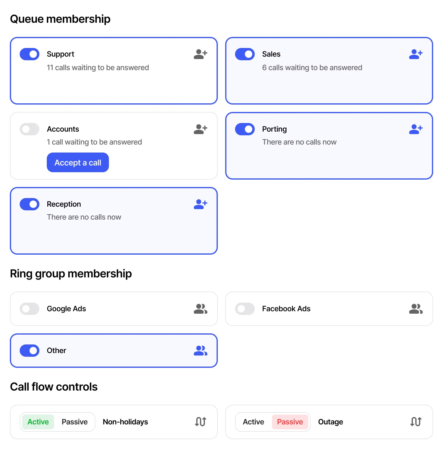Webphone controls for queue membership, ring groups and call flow status