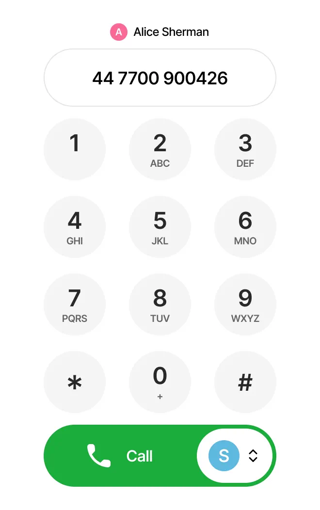 Webphone dial pad with contact selection and an outgoing caller ID selector