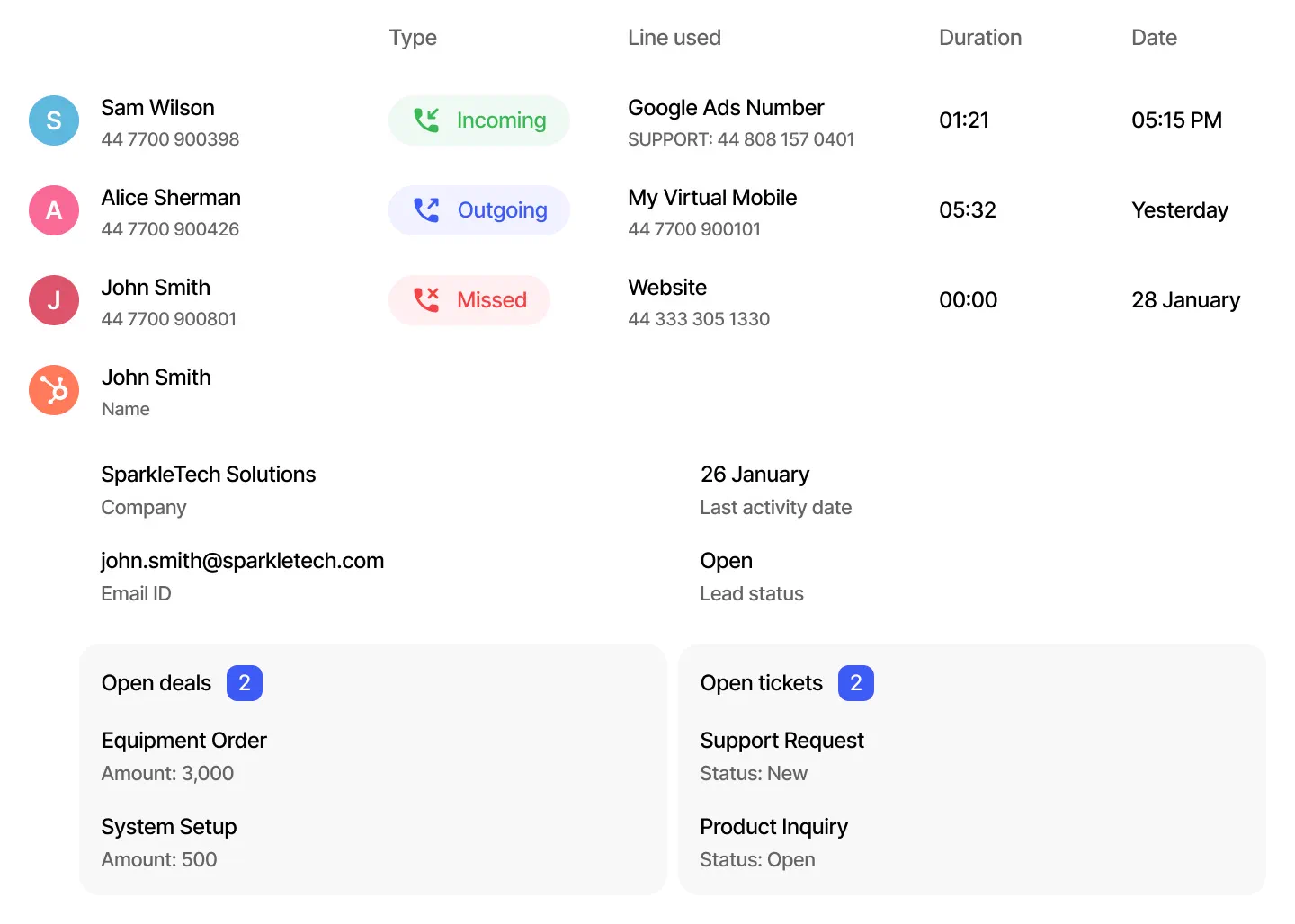 Webphone call history with incoming, outgoing and missed calls and CRM contact details