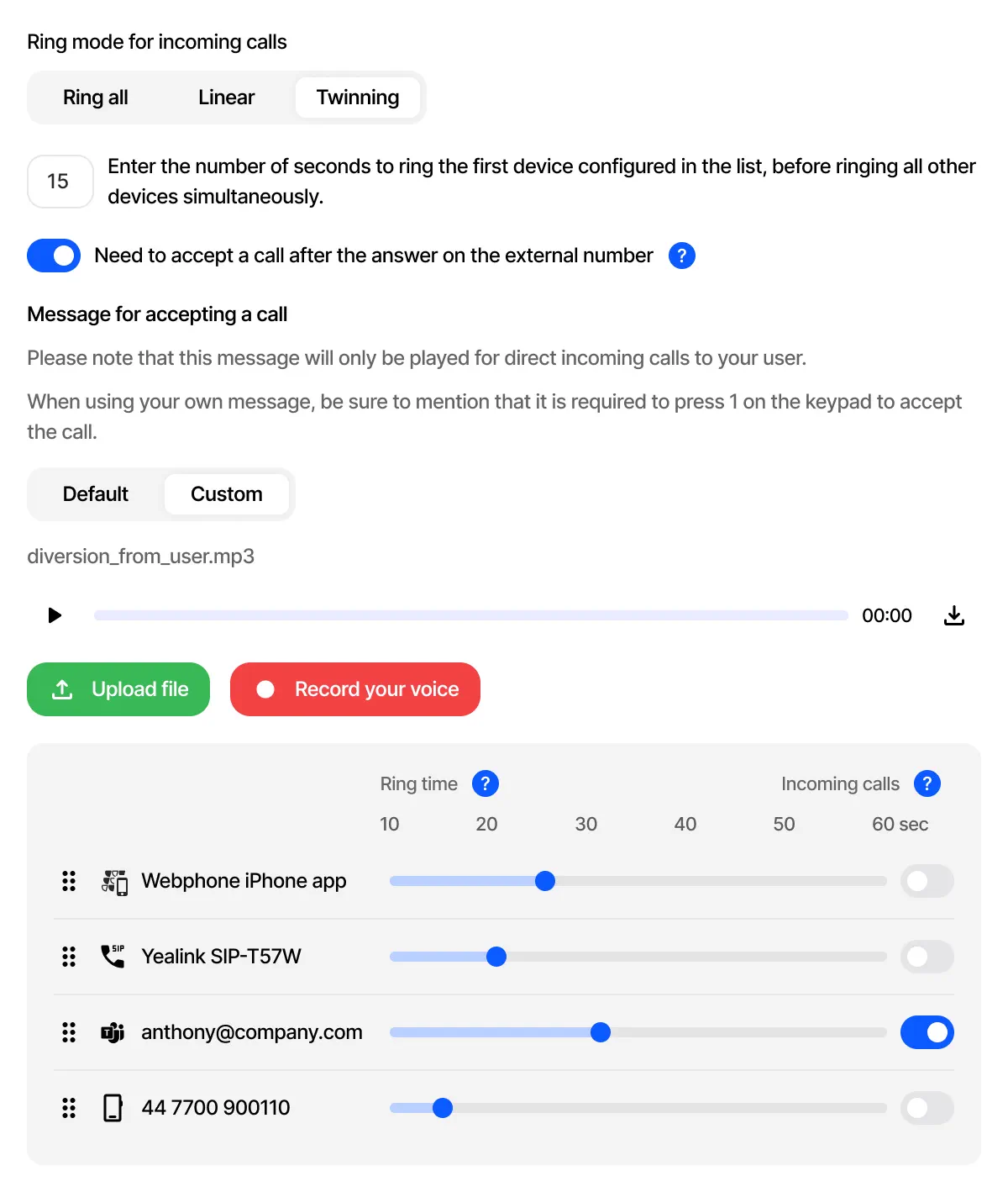 Webphone device settings with ring modes, a call acceptance greeting and per-device incoming call controls