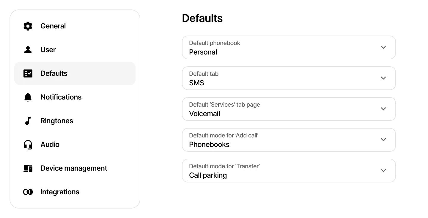 Webphone settings for the default phonebook, tab, voicemail and methods for calling and transferring