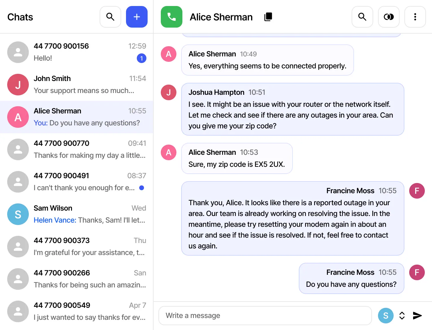 Webphone SMS inbox with a contact list and a shared business message conversation
