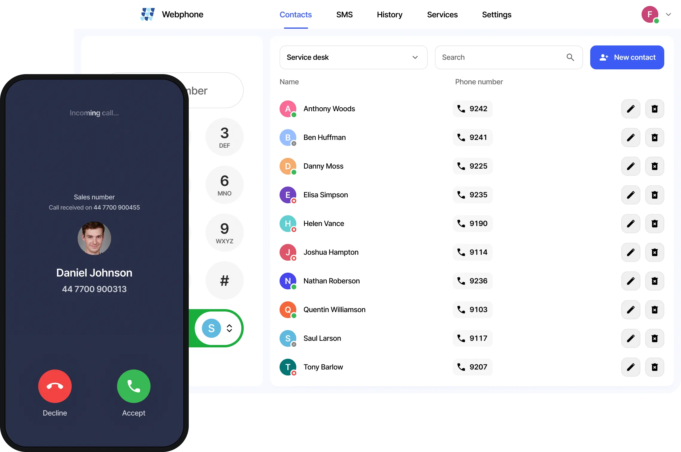 VoIPline Webphone showing an incoming mobile call and a desktop business phonebook