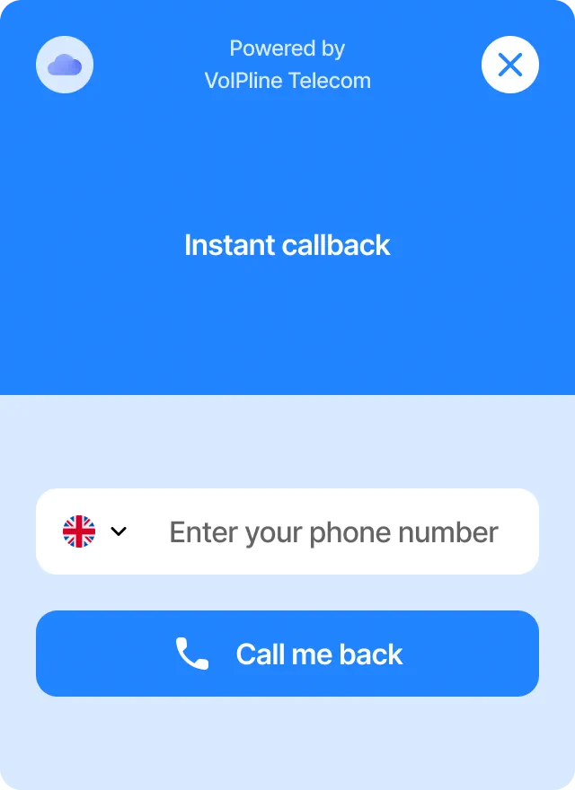 Website callback widget with a country selector, phone number field and Call me back button