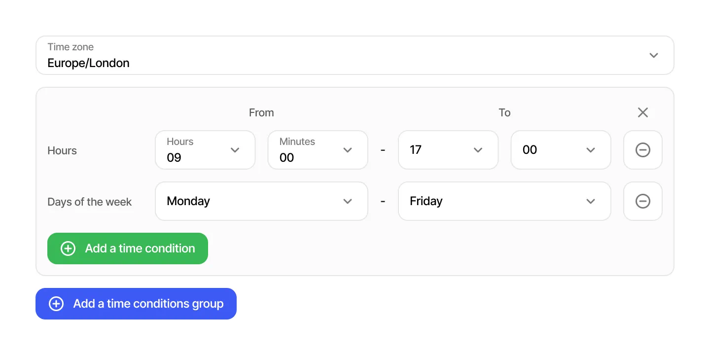 Website call widget schedule settings for time zone, operating hours and days of the week